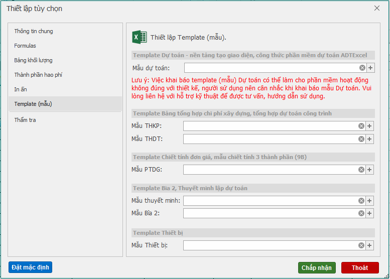Phần mềm dự toán - khai báo Template Excel